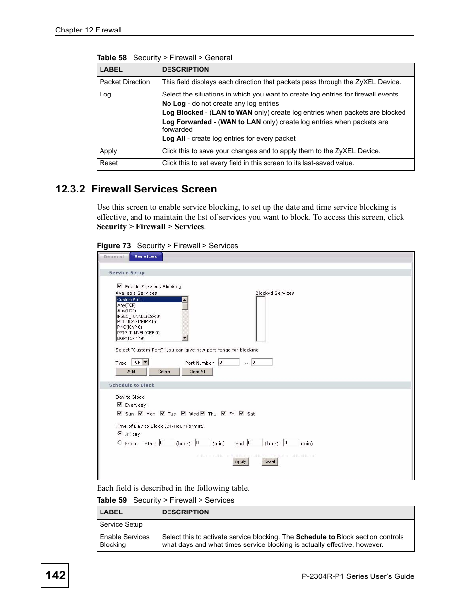 2 firewall services screen, Figure 73 security > firewall > services, Table 59 security > firewall > services | ZyXEL Communications P-2304R-P1 Series User Manual | Page 142 / 300