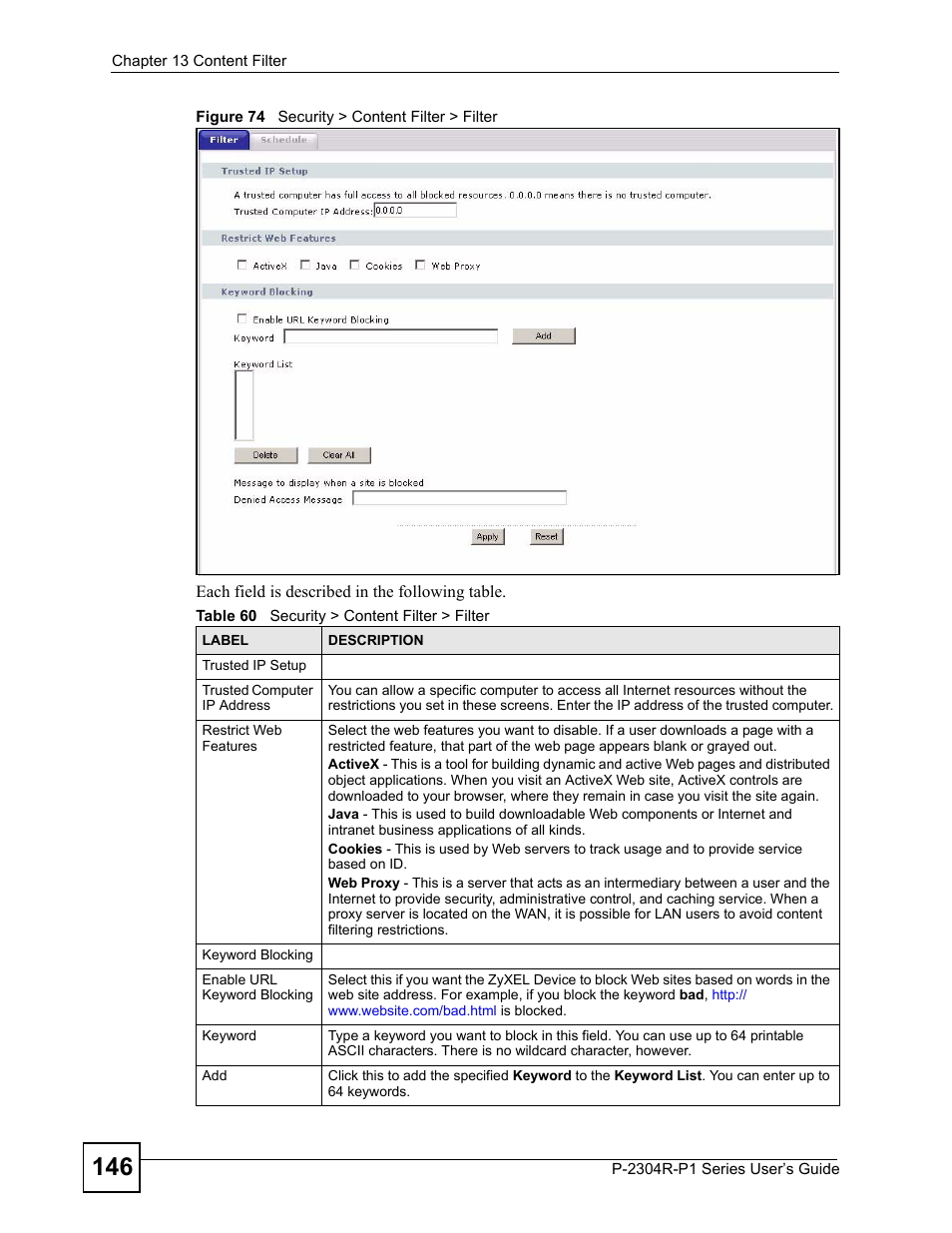 Figure 74 security > content filter > filter, Table 60 security > content filter > filter | ZyXEL Communications P-2304R-P1 Series User Manual | Page 146 / 300