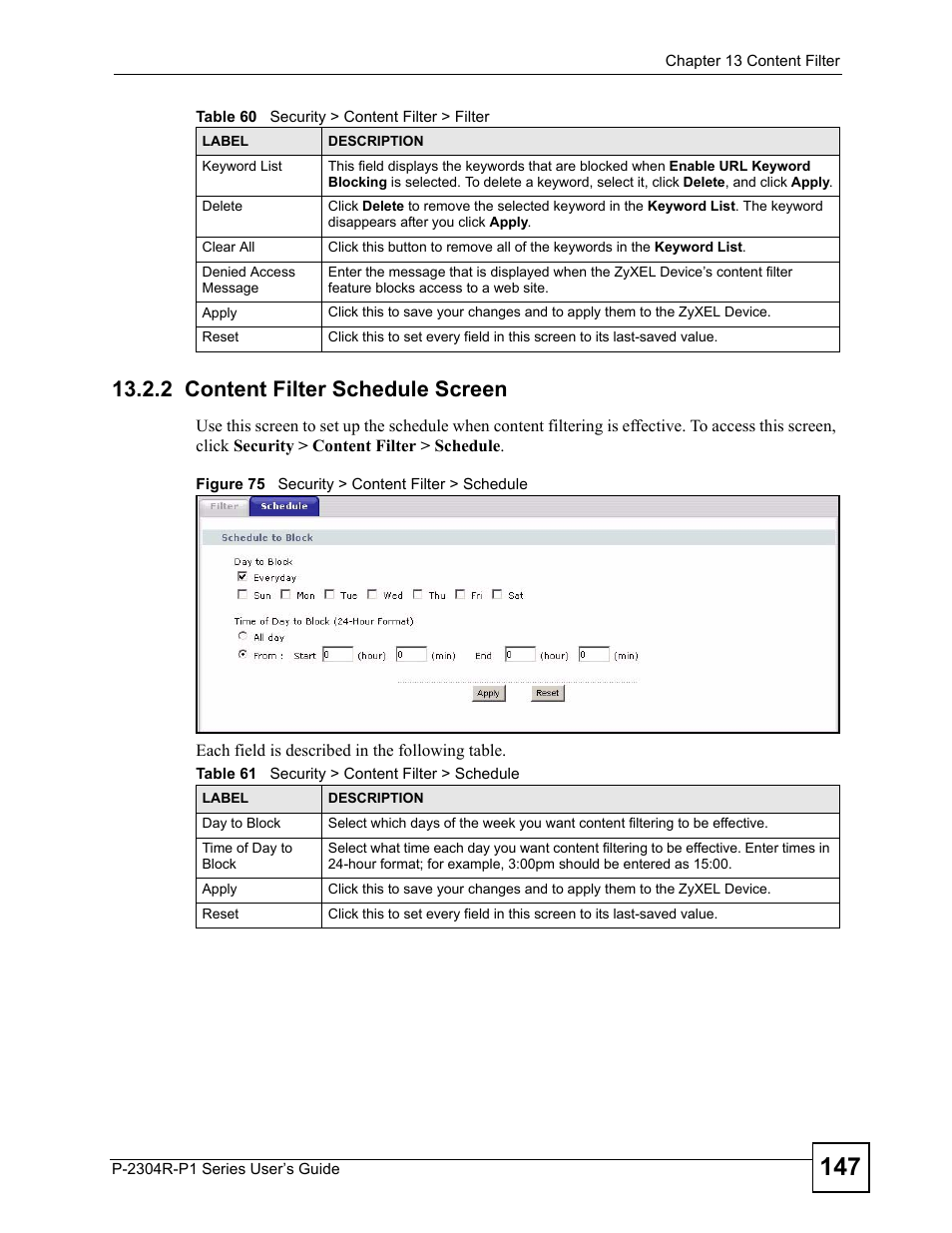 2 content filter schedule screen, Figure 75 security > content filter > schedule, Table 61 security > content filter > schedule | ZyXEL Communications P-2304R-P1 Series User Manual | Page 147 / 300