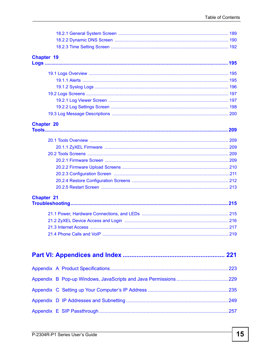 Part vi: appendices and index | ZyXEL Communications P-2304R-P1 Series User Manual | Page 15 / 300