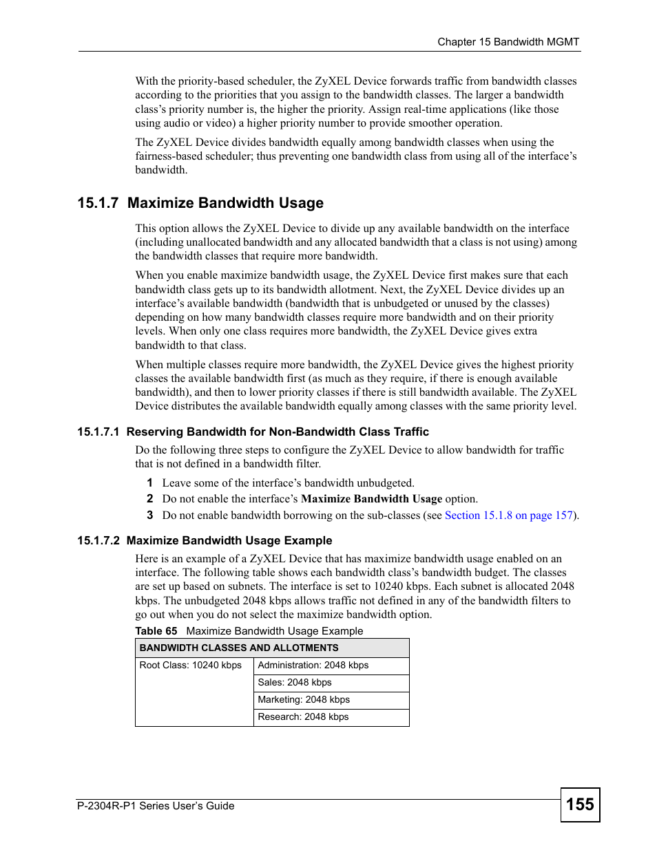 7 maximize bandwidth usage, Table 65 maximize bandwidth usage example | ZyXEL Communications P-2304R-P1 Series User Manual | Page 155 / 300