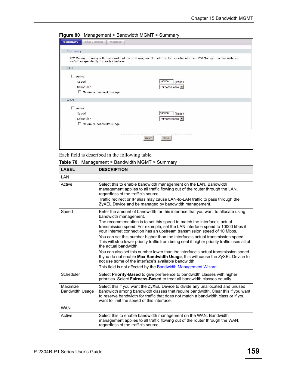 Figure 80 management > bandwidth mgmt > summary, Table 70 management > bandwidth mgmt > summary | ZyXEL Communications P-2304R-P1 Series User Manual | Page 159 / 300