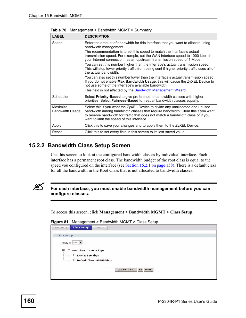 2 bandwidth class setup screen, E the, Bandwidth class setup screen | Bandwidth class setup, Screen | ZyXEL Communications P-2304R-P1 Series User Manual | Page 160 / 300