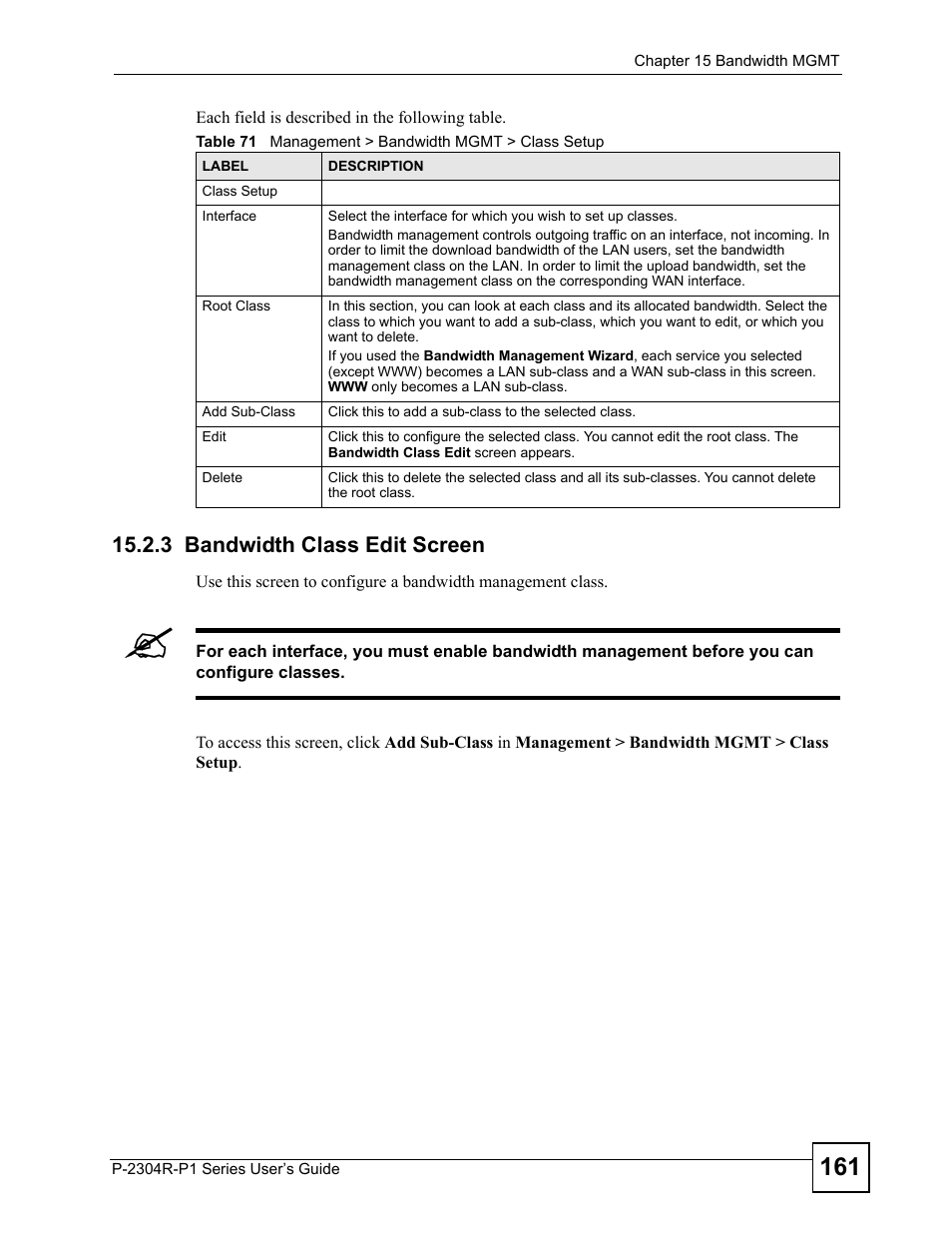 3 bandwidth class edit screen, Table 71 management > bandwidth mgmt > class setup | ZyXEL Communications P-2304R-P1 Series User Manual | Page 161 / 300