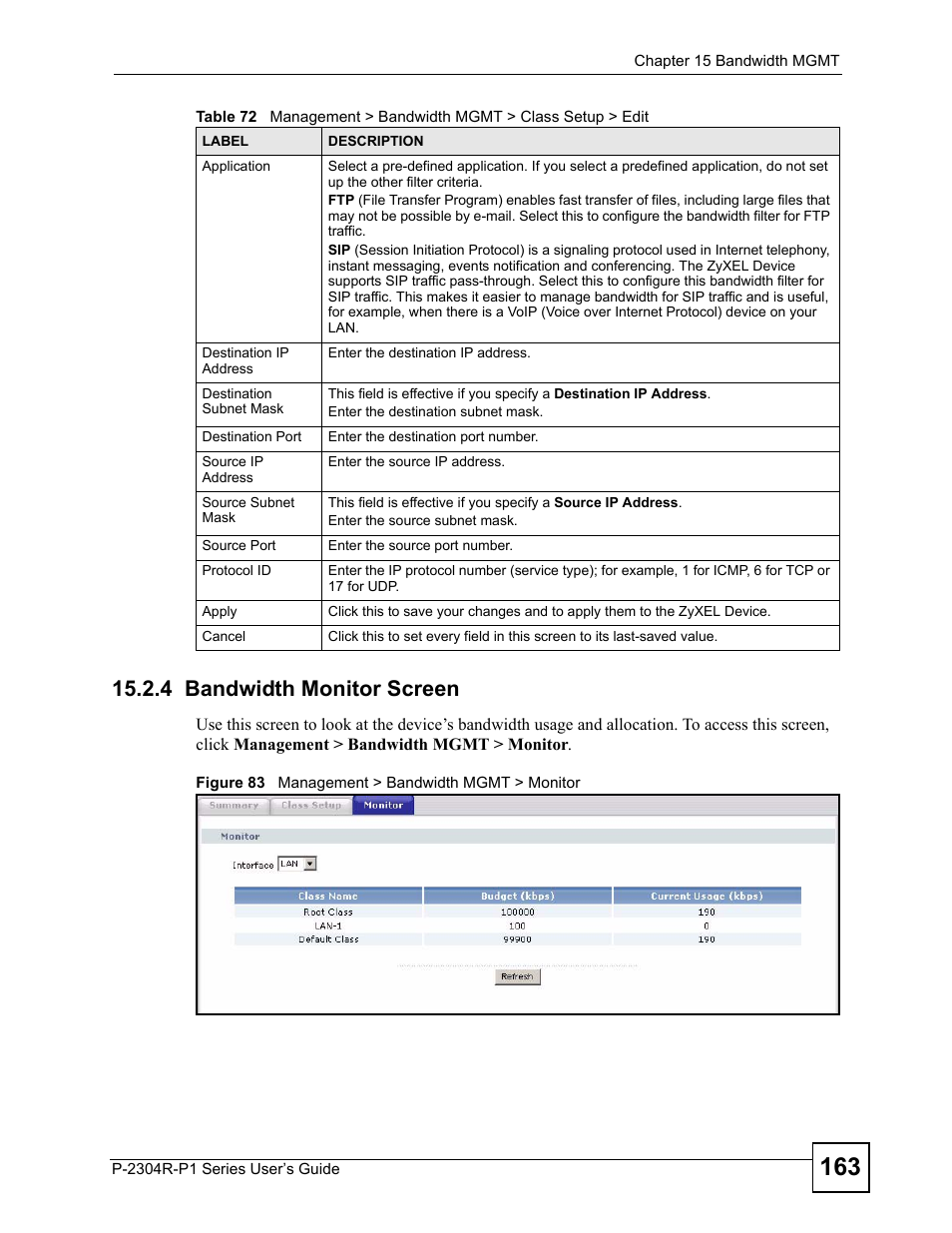 4 bandwidth monitor screen, Figure 83 management > bandwidth mgmt > monitor | ZyXEL Communications P-2304R-P1 Series User Manual | Page 163 / 300