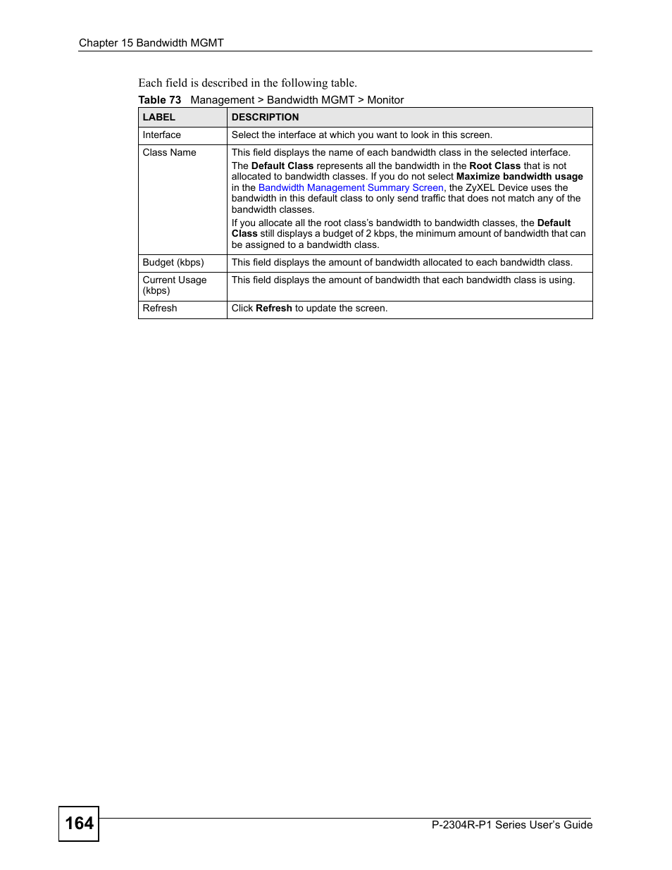 Table 73 management > bandwidth mgmt > monitor | ZyXEL Communications P-2304R-P1 Series User Manual | Page 164 / 300
