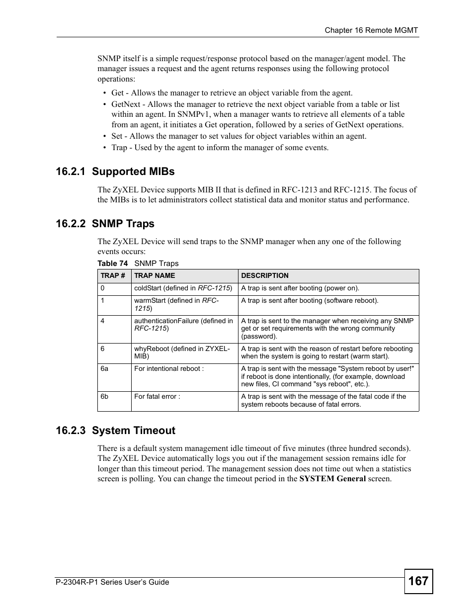 1 supported mibs, 2 snmp traps, 3 system timeout | Table 74 snmp traps | ZyXEL Communications P-2304R-P1 Series User Manual | Page 167 / 300