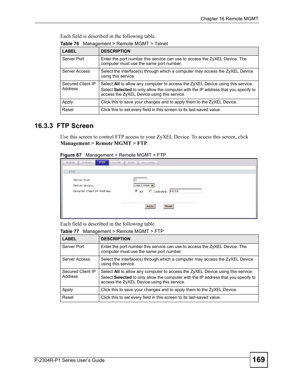 3 ftp screen, Figure 87 management > remote mgmt > ftp | ZyXEL Communications P-2304R-P1 Series User Manual | Page 169 / 300