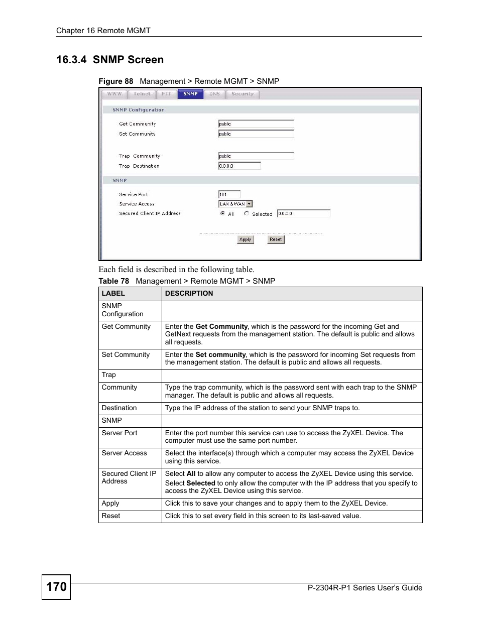 4 snmp screen, Figure 88 management > remote mgmt > snmp, Table 78 management > remote mgmt > snmp | ZyXEL Communications P-2304R-P1 Series User Manual | Page 170 / 300