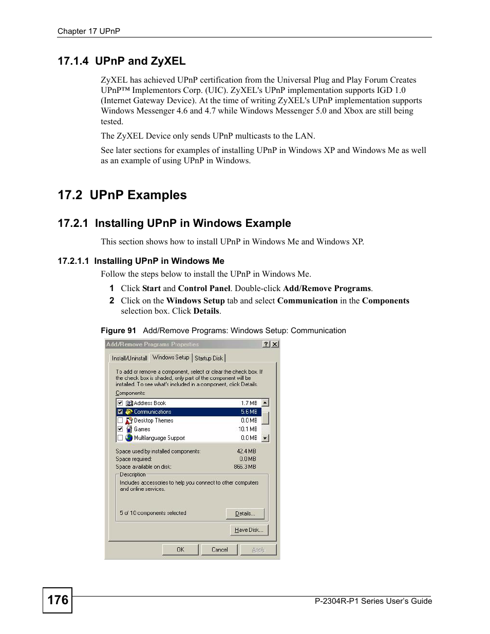 4 upnp and zyxel, 2 upnp examples, 1 installing upnp in windows example | ZyXEL Communications P-2304R-P1 Series User Manual | Page 176 / 300