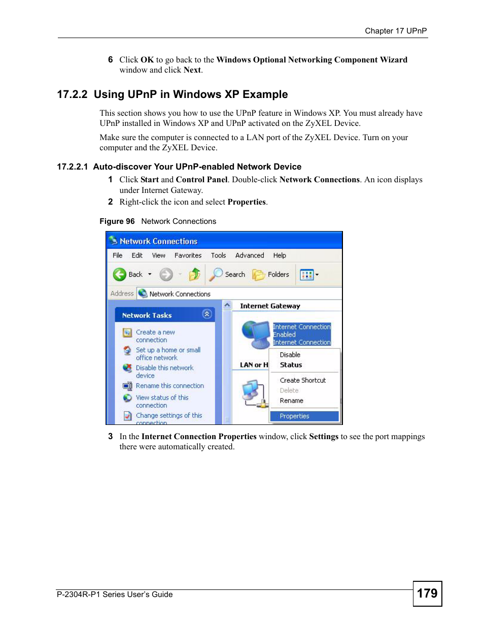 2 using upnp in windows xp example, Figure 96 network connections | ZyXEL Communications P-2304R-P1 Series User Manual | Page 179 / 300