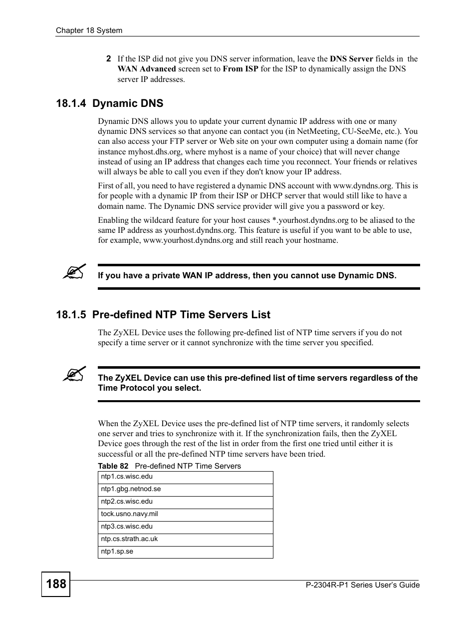 4 dynamic dns, 5 pre-defined ntp time servers list, Table 82 pre-defined ntp time servers | ZyXEL Communications P-2304R-P1 Series User Manual | Page 188 / 300