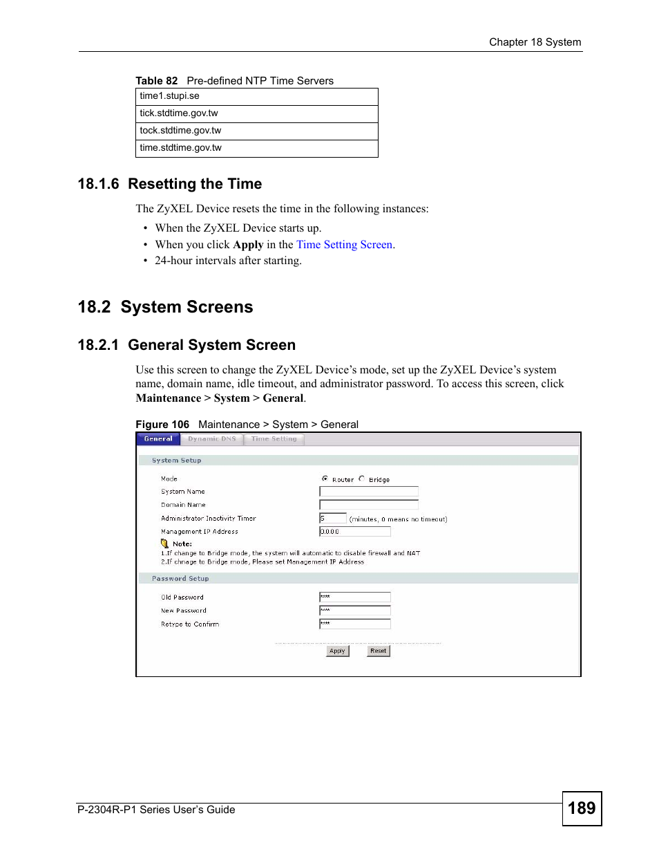 6 resetting the time, 2 system screens, 1 general system screen | Figure 106 maintenance > system > general | ZyXEL Communications P-2304R-P1 Series User Manual | Page 189 / 300
