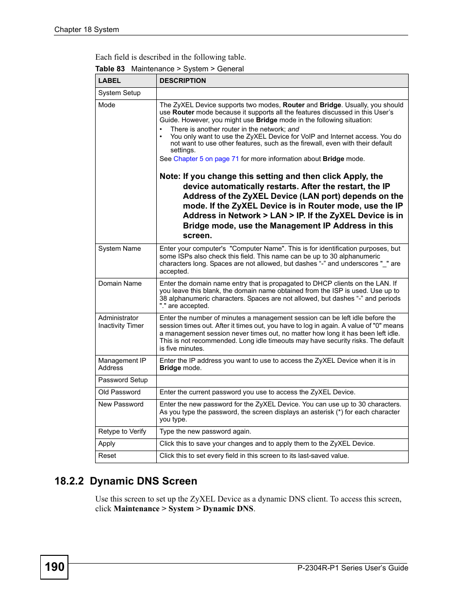 2 dynamic dns screen, Table 83 maintenance > system > general | ZyXEL Communications P-2304R-P1 Series User Manual | Page 190 / 300