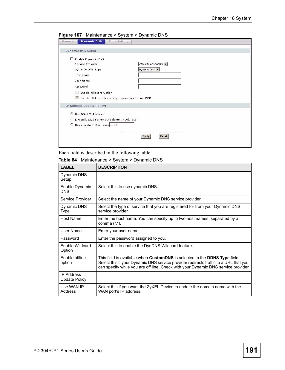 Figure 107 maintenance > system > dynamic dns, Table 84 maintenance > system > dynamic dns | ZyXEL Communications P-2304R-P1 Series User Manual | Page 191 / 300