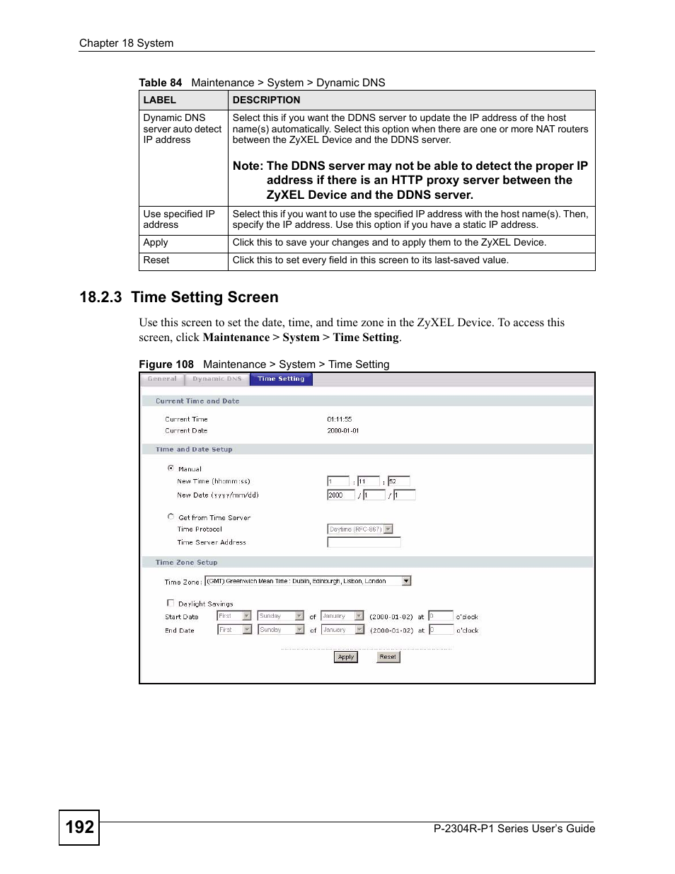 3 time setting screen, Figure 108 maintenance > system > time setting | ZyXEL Communications P-2304R-P1 Series User Manual | Page 192 / 300