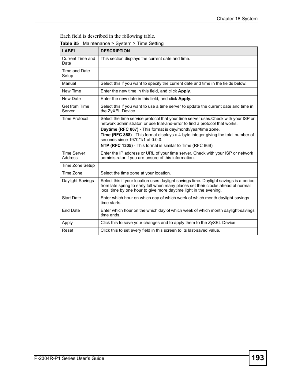Table 85 maintenance > system > time setting | ZyXEL Communications P-2304R-P1 Series User Manual | Page 193 / 300