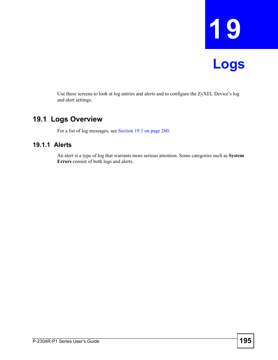 Logs, 1 logs overview, 1 alerts | Chapter 19 logs, Logs (195) | ZyXEL Communications P-2304R-P1 Series User Manual | Page 195 / 300