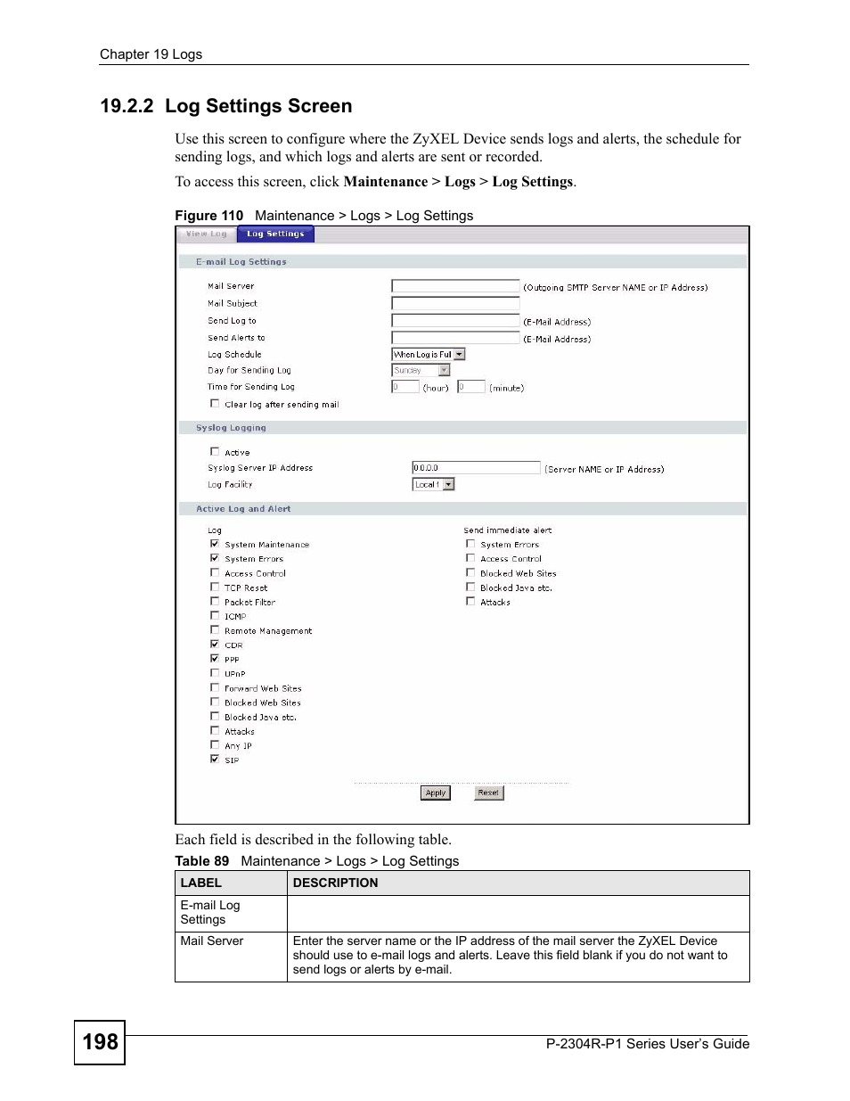 2 log settings screen, Figure 110 maintenance > logs > log settings, Table 89 maintenance > logs > log settings | ZyXEL Communications P-2304R-P1 Series User Manual | Page 198 / 300