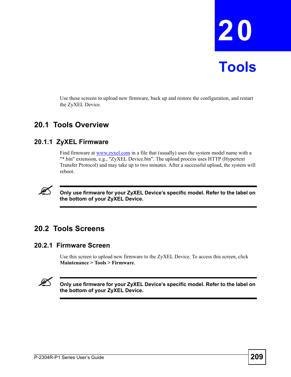 Tools, 1 tools overview, 1 zyxel firmware | 2 tools screens, 1 firmware screen, Chapter 20 tools, Tools (209) | ZyXEL Communications P-2304R-P1 Series User Manual | Page 209 / 300