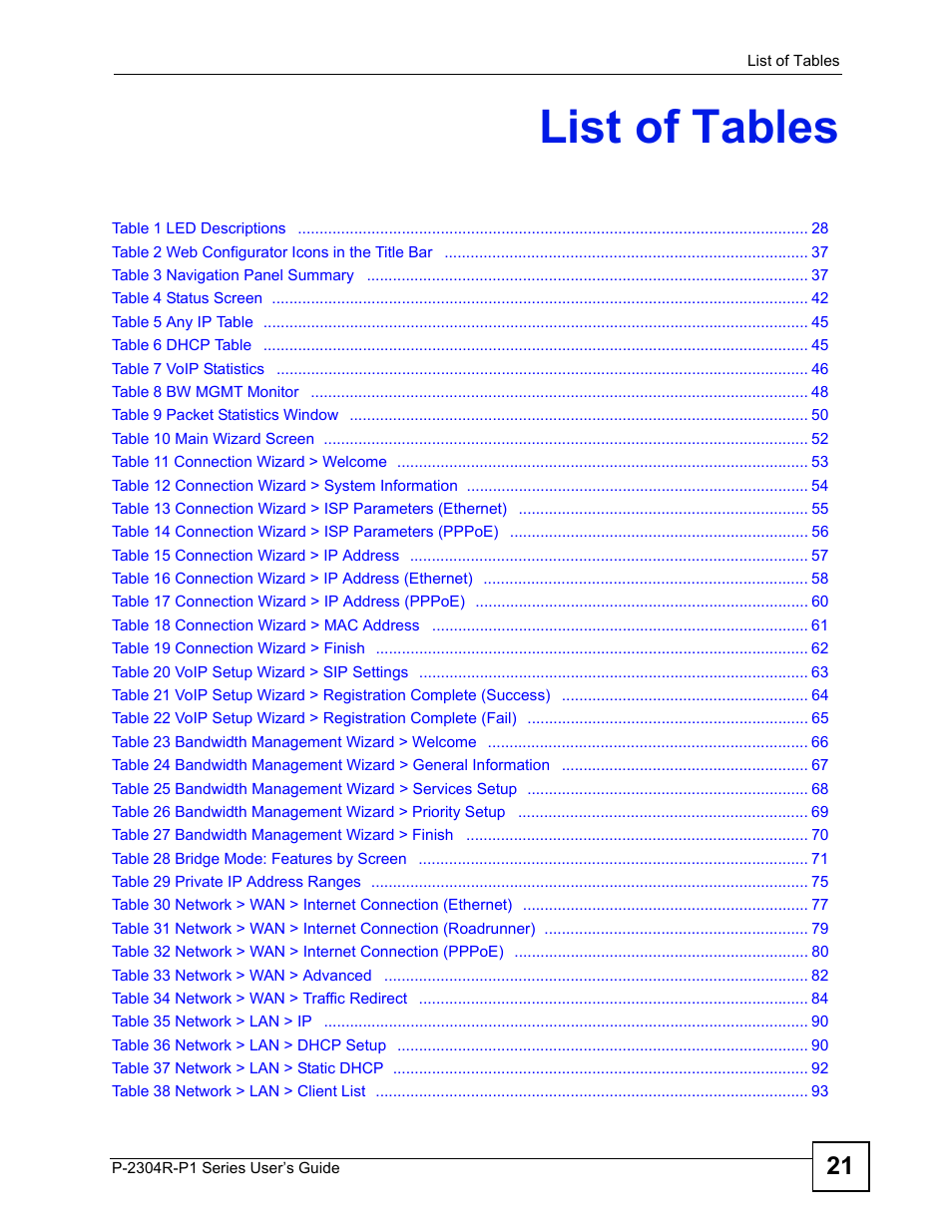 List of tables | ZyXEL Communications P-2304R-P1 Series User Manual | Page 21 / 300