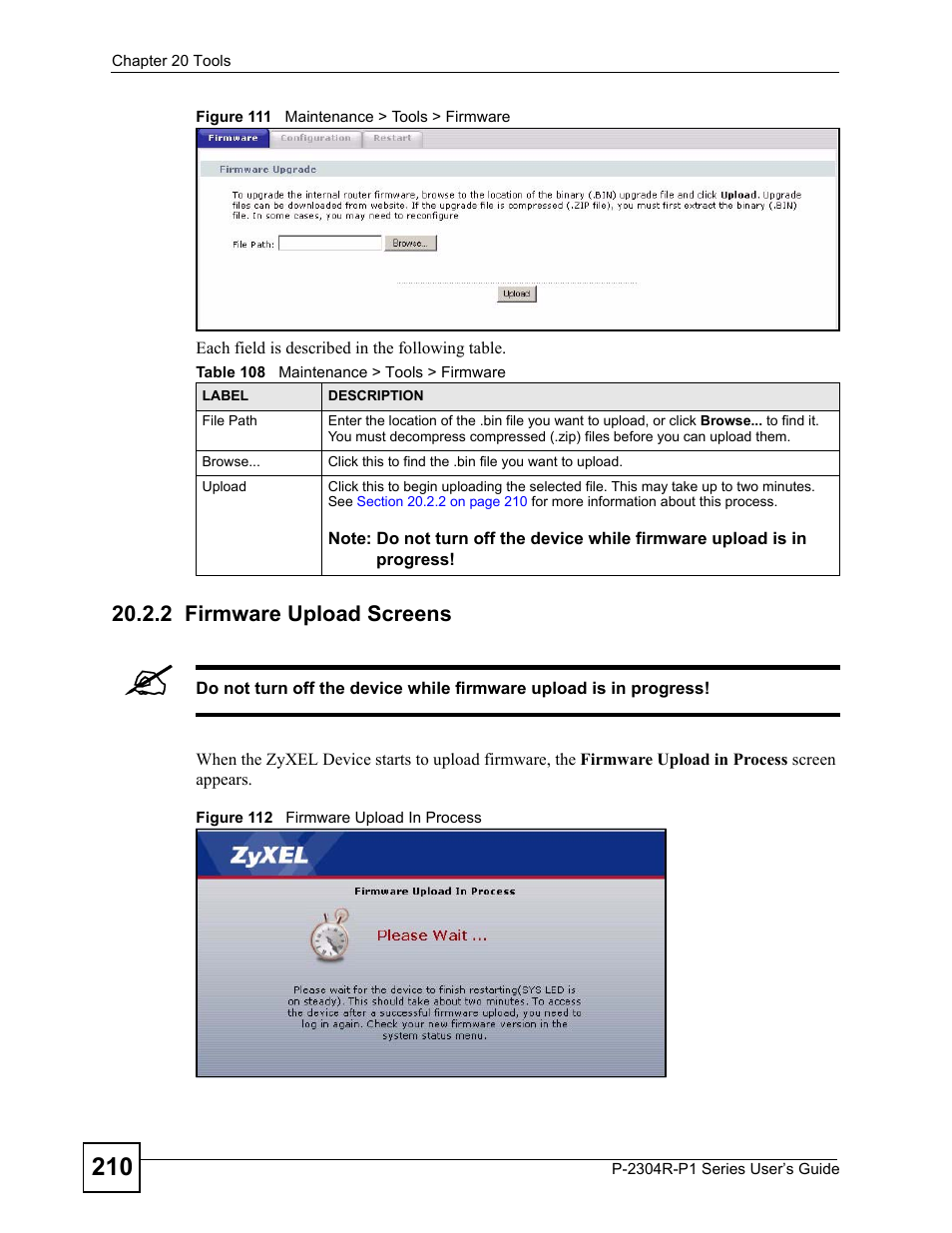 2 firmware upload screens, Table 108 maintenance > tools > firmware | ZyXEL Communications P-2304R-P1 Series User Manual | Page 210 / 300