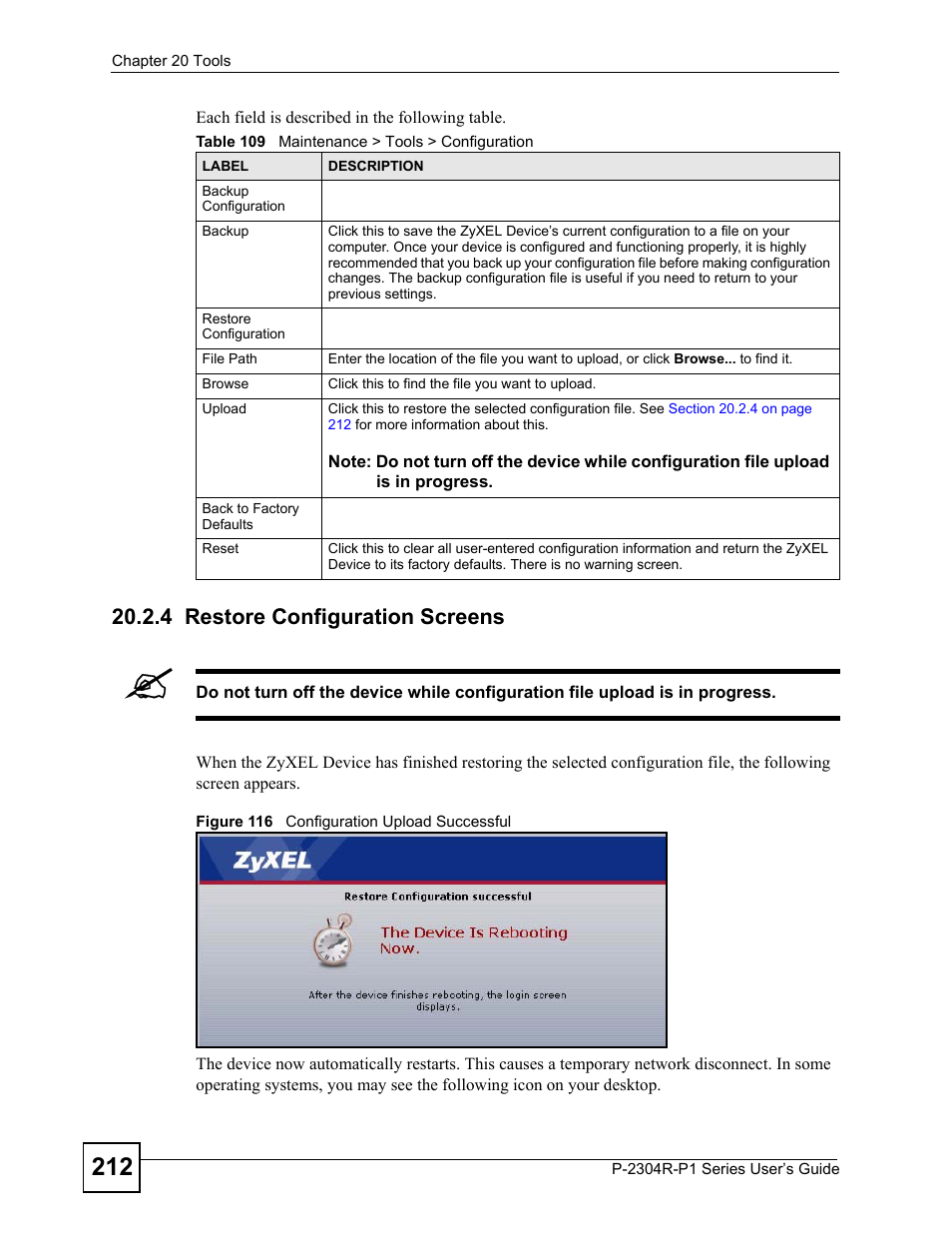 4 restore configuration screens, Figure 116 configuration upload successful, Table 109 maintenance > tools > configuration | ZyXEL Communications P-2304R-P1 Series User Manual | Page 212 / 300
