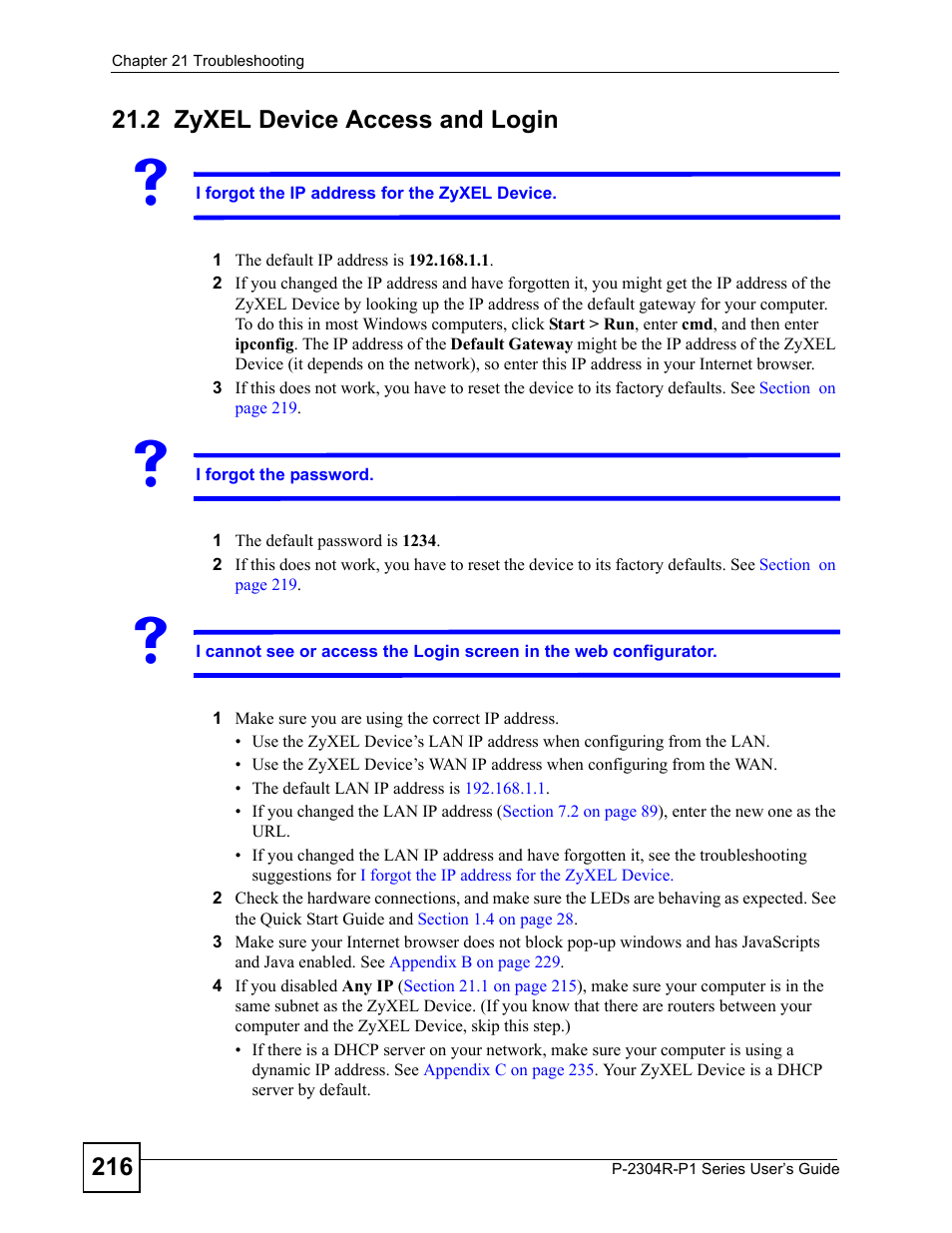 2 zyxel device access and login, Zyxel device access and login | ZyXEL Communications P-2304R-P1 Series User Manual | Page 216 / 300