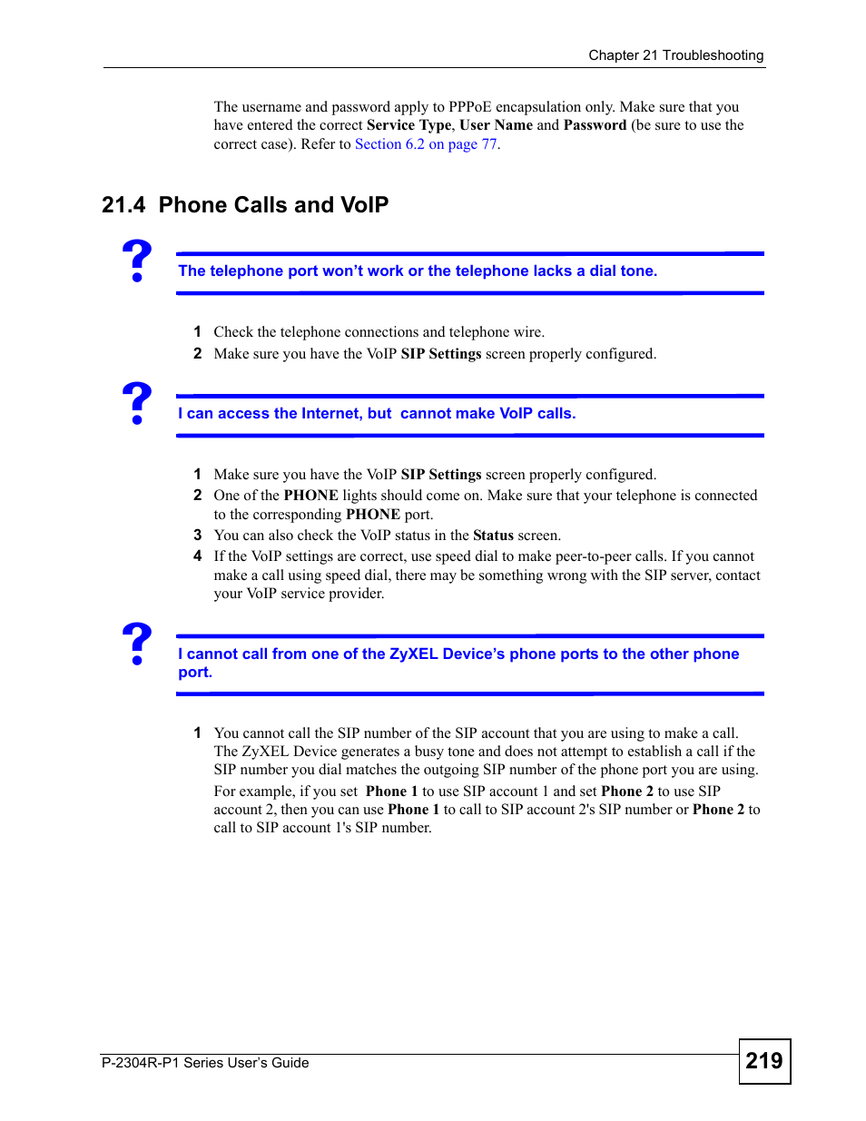 4 phone calls and voip, Phone calls and voip, Section on | ZyXEL Communications P-2304R-P1 Series User Manual | Page 219 / 300