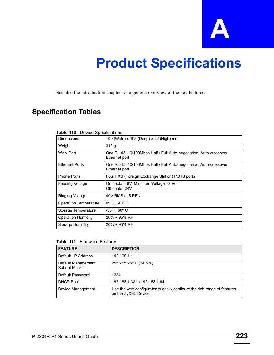 Product specifications, Appendix a product specifications, Product specifications (223) | ZyXEL Communications P-2304R-P1 Series User Manual | Page 223 / 300