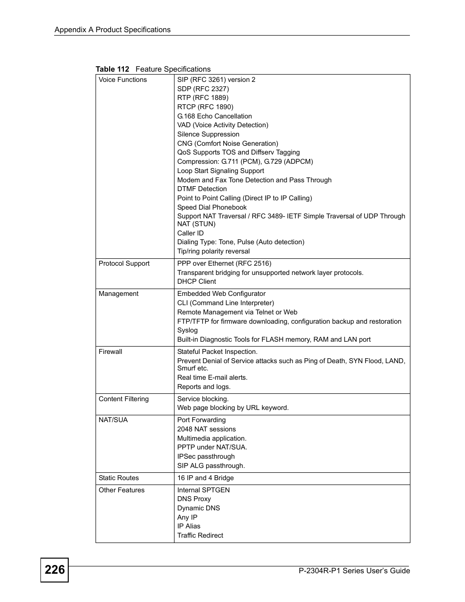 Table 112 feature specifications | ZyXEL Communications P-2304R-P1 Series User Manual | Page 226 / 300