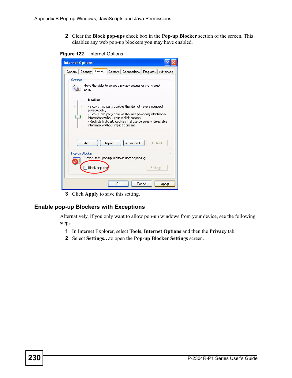 Figure 122 internet options | ZyXEL Communications P-2304R-P1 Series User Manual | Page 230 / 300