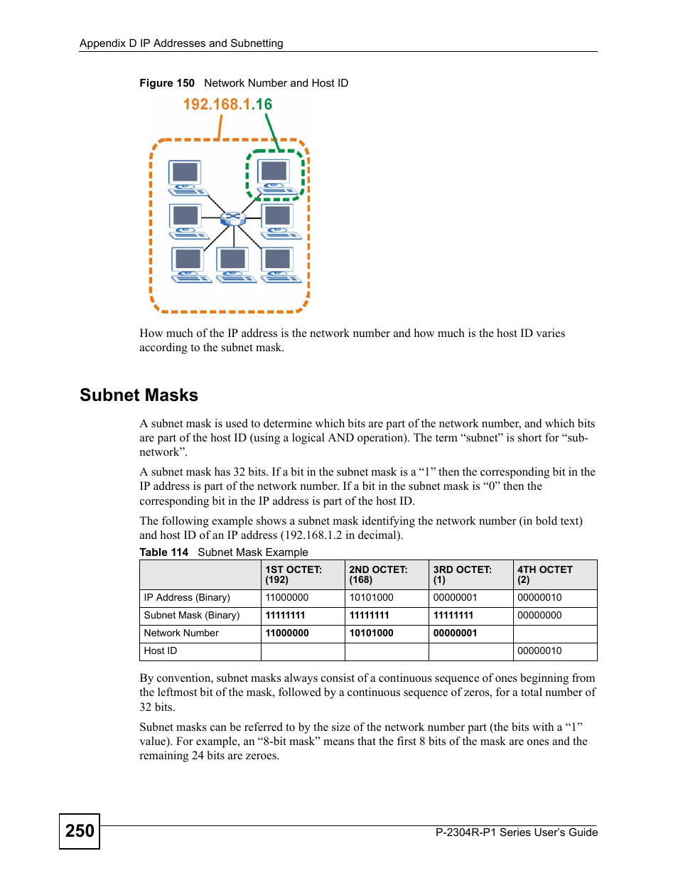 Figure 150 network number and host id, Table 114 subnet mask example, Subnet masks | ZyXEL Communications P-2304R-P1 Series User Manual | Page 250 / 300