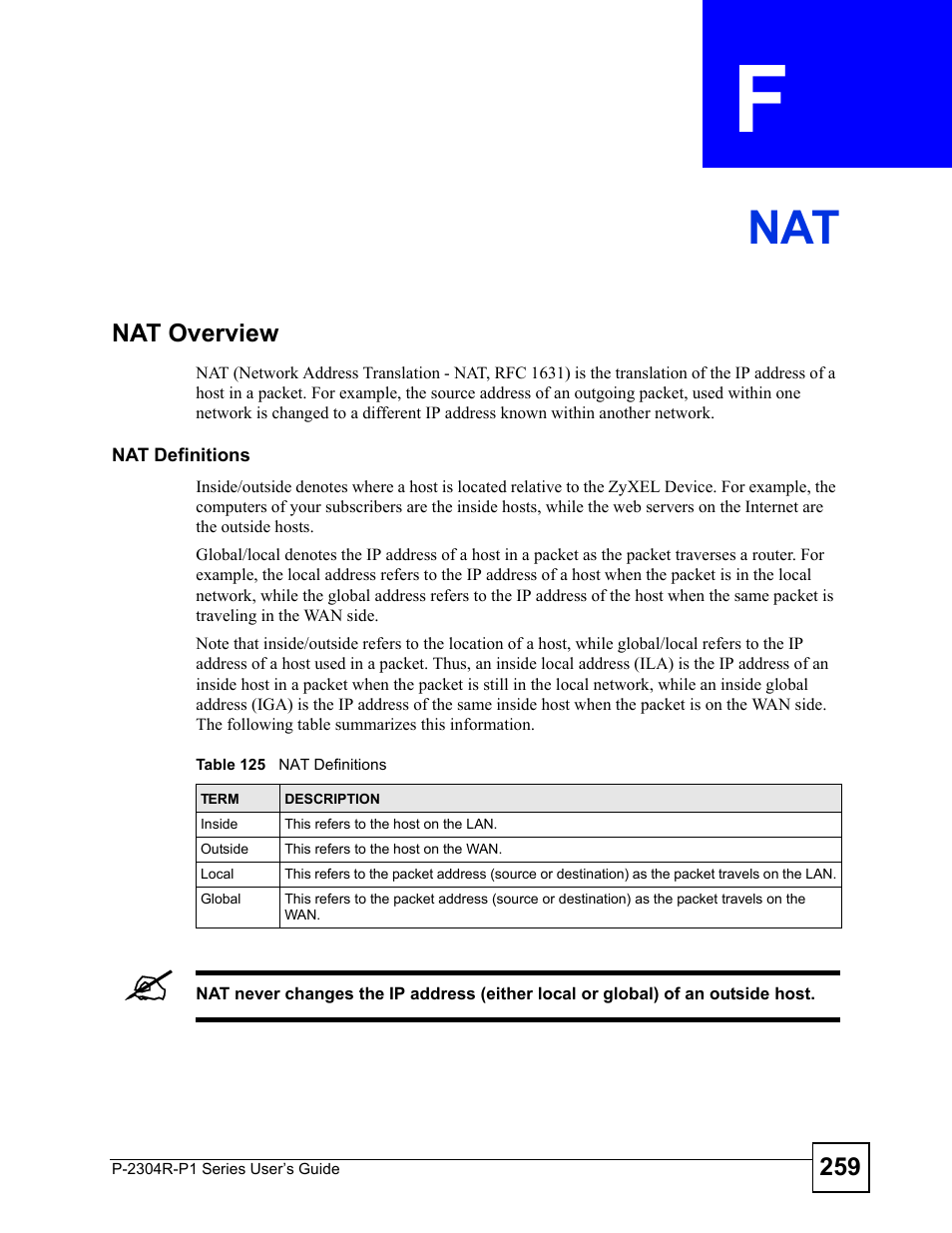 Appendix f nat, Table 125 nat definitions, Nat (259) | ZyXEL Communications P-2304R-P1 Series User Manual | Page 259 / 300