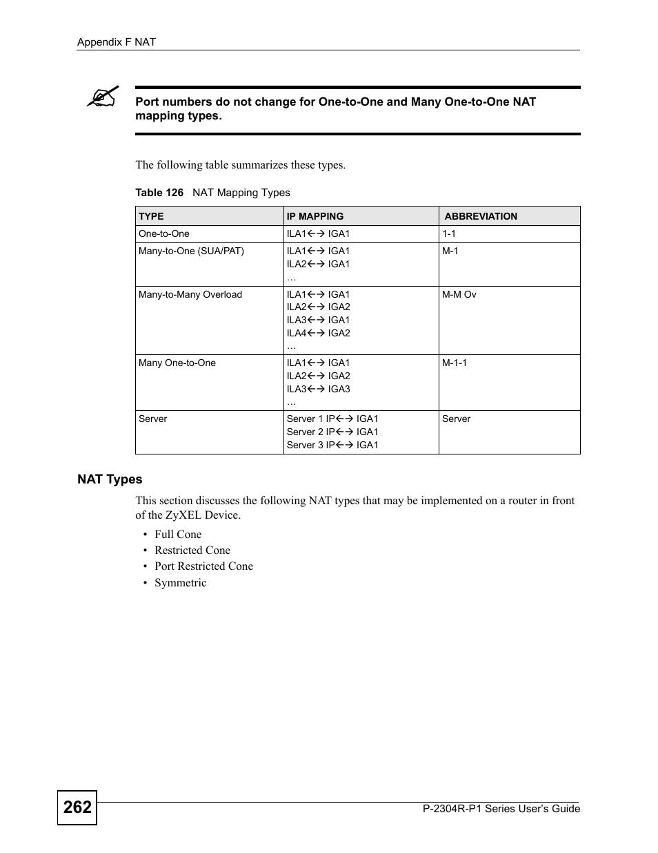 Table 126 nat mapping types | ZyXEL Communications P-2304R-P1 Series User Manual | Page 262 / 300