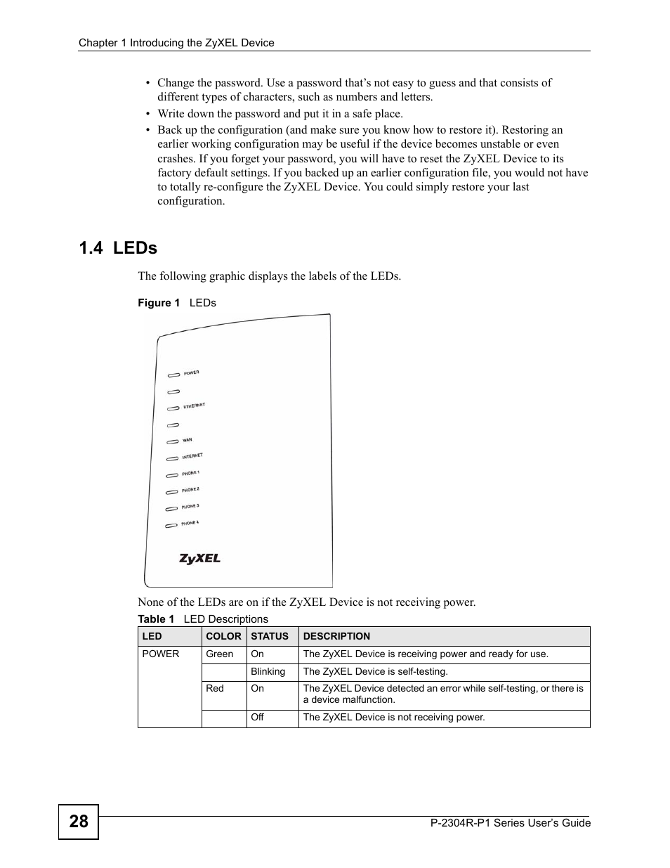 4 leds, Figure 1 leds, Table 1 led descriptions | ZyXEL Communications P-2304R-P1 Series User Manual | Page 28 / 300