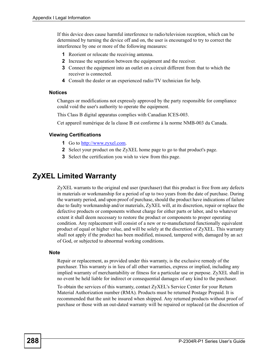 Zyxel limited warranty | ZyXEL Communications P-2304R-P1 Series User Manual | Page 288 / 300