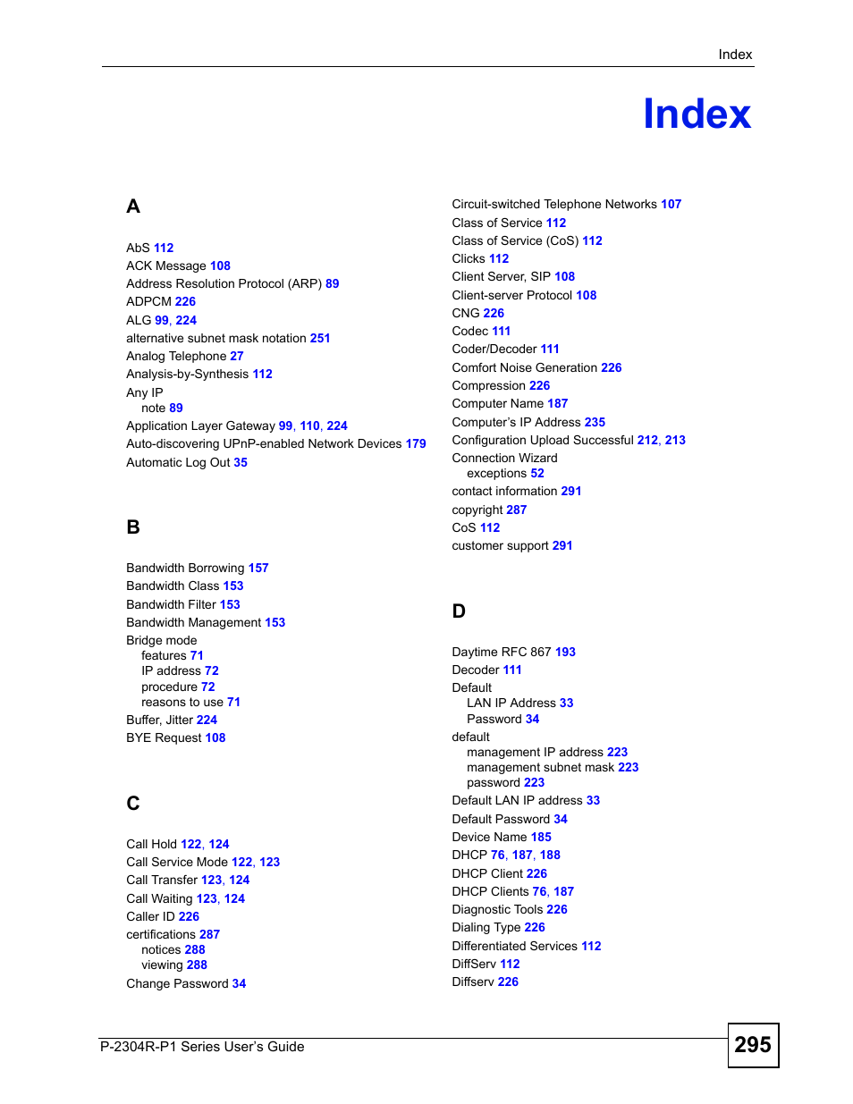 Index, Index (295) | ZyXEL Communications P-2304R-P1 Series User Manual | Page 295 / 300