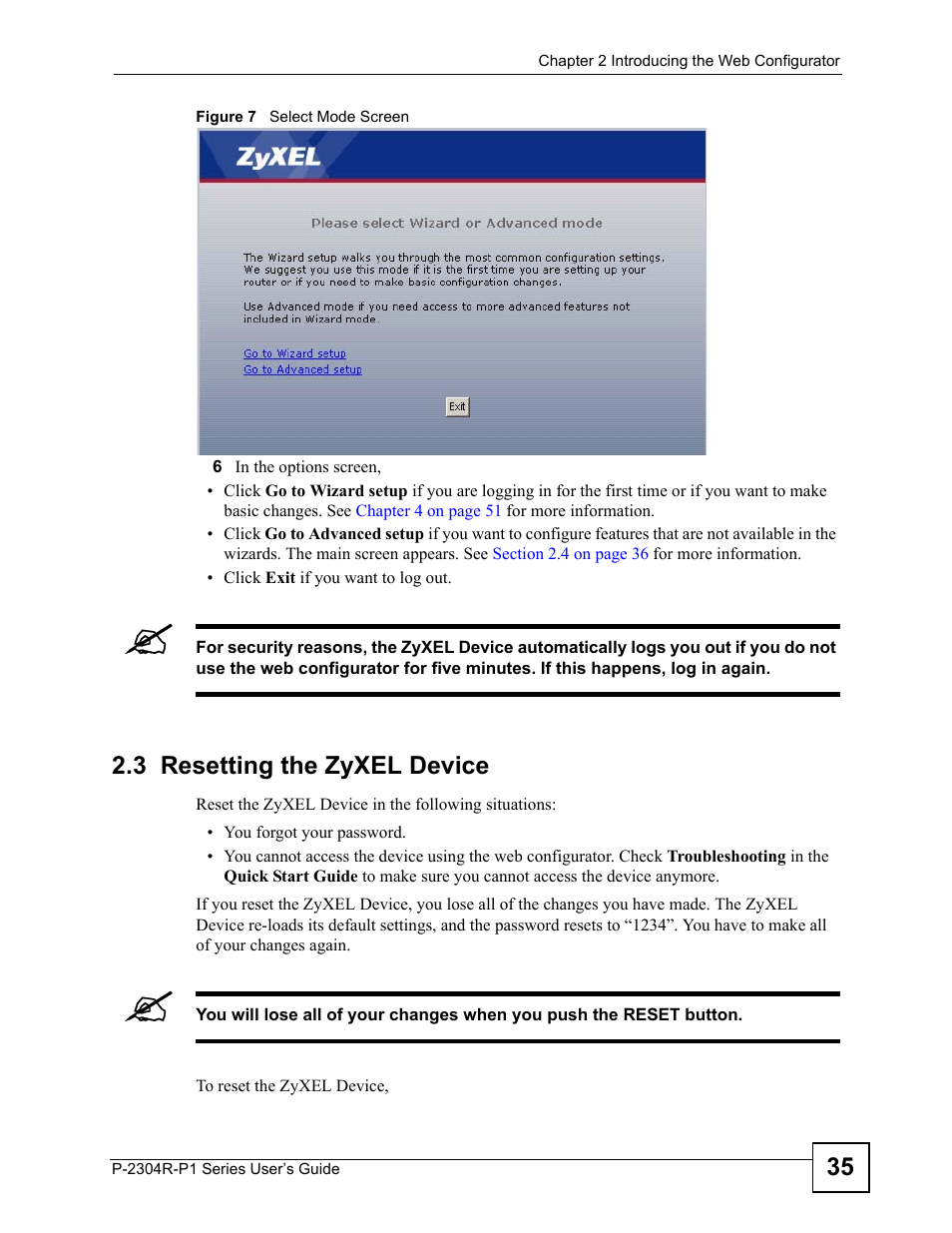 3 resetting the zyxel device, Figure 7 select mode screen | ZyXEL Communications P-2304R-P1 Series User Manual | Page 35 / 300
