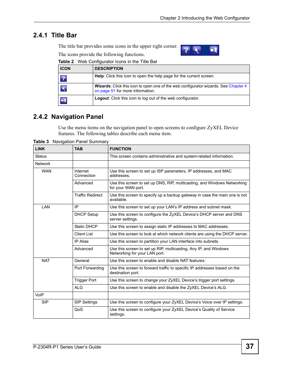 1 title bar, 2 navigation panel, 1 title bar 2.4.2 navigation panel | ZyXEL Communications P-2304R-P1 Series User Manual | Page 37 / 300