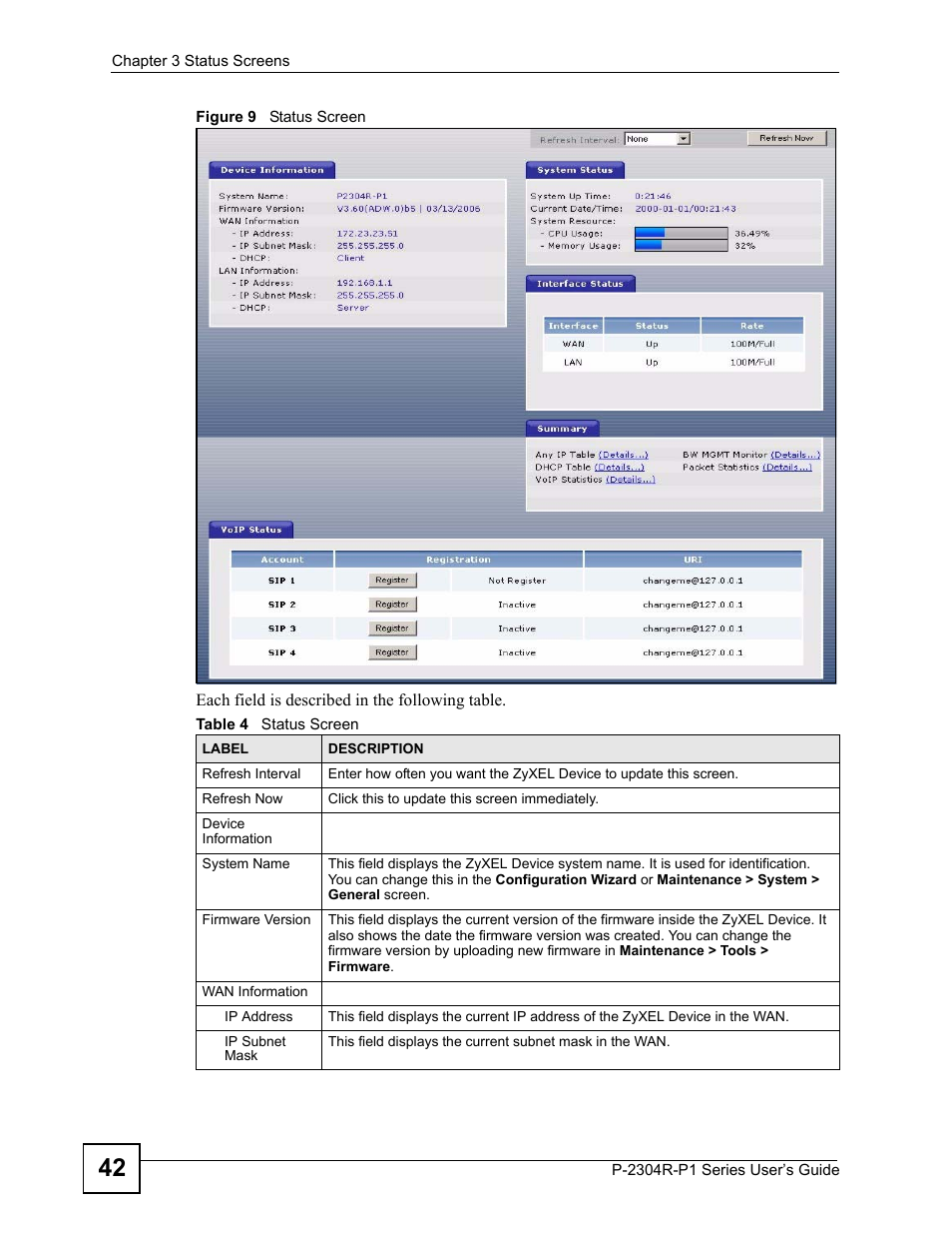 Figure 9 status screen, Table 4 status screen | ZyXEL Communications P-2304R-P1 Series User Manual | Page 42 / 300