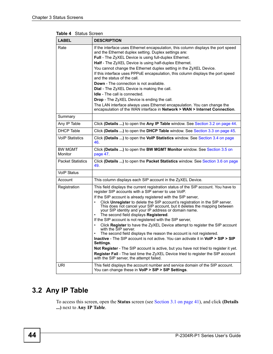 2 any ip table, 44 3.2 any ip table | ZyXEL Communications P-2304R-P1 Series User Manual | Page 44 / 300