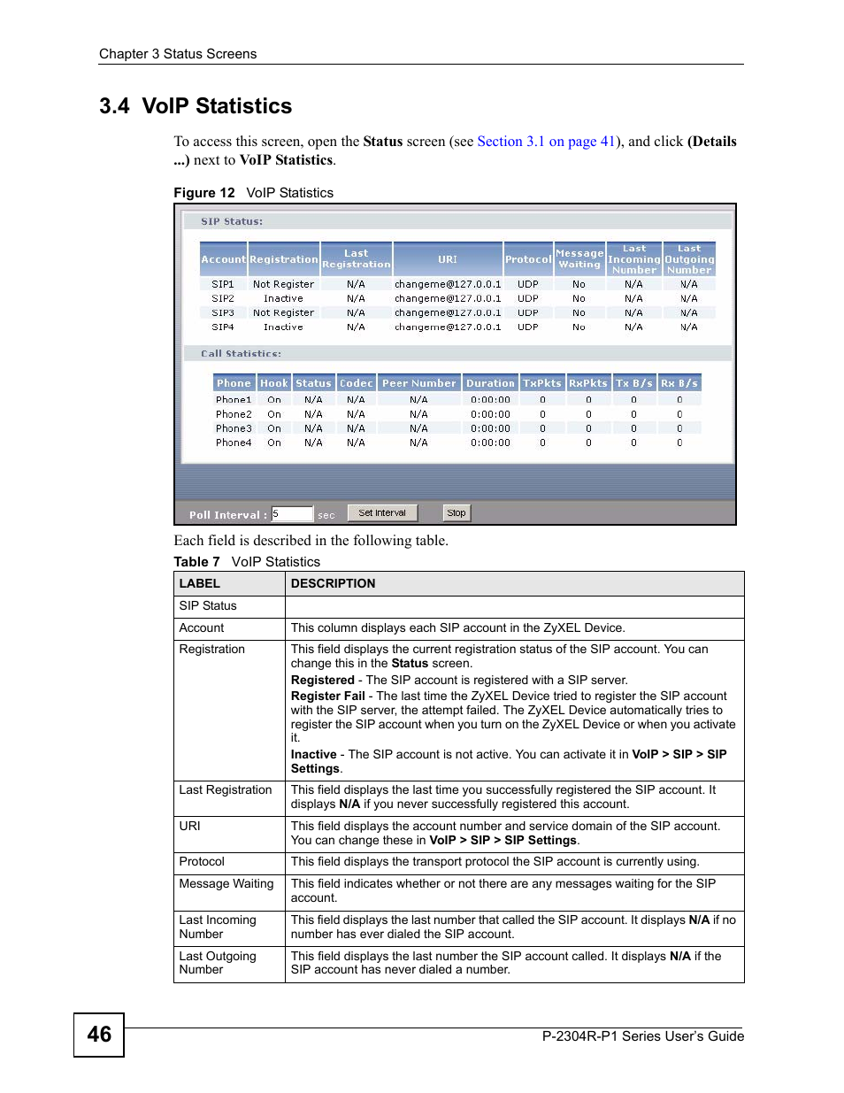 4 voip statistics, Figure 12 voip statistics, Table 7 voip statistics | 46 3.4 voip statistics | ZyXEL Communications P-2304R-P1 Series User Manual | Page 46 / 300