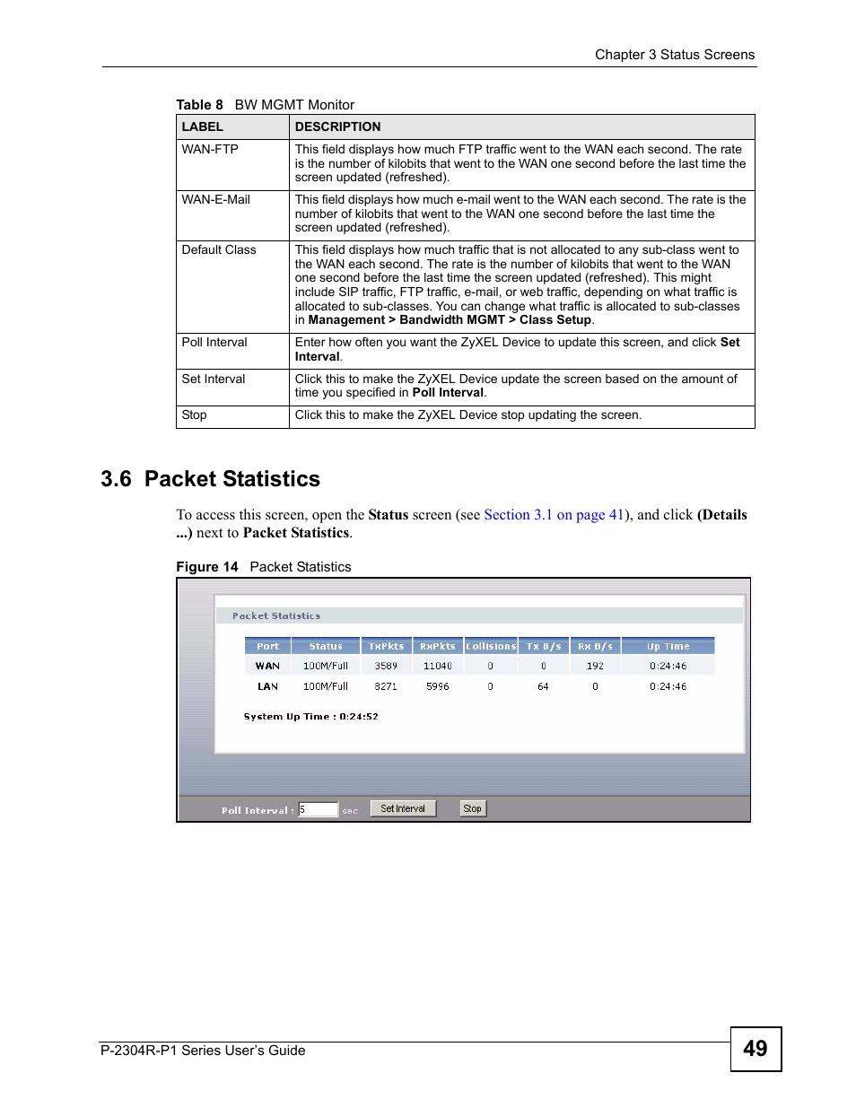 6 packet statistics, Figure 14 packet statistics, 49 3.6 packet statistics | ZyXEL Communications P-2304R-P1 Series User Manual | Page 49 / 300
