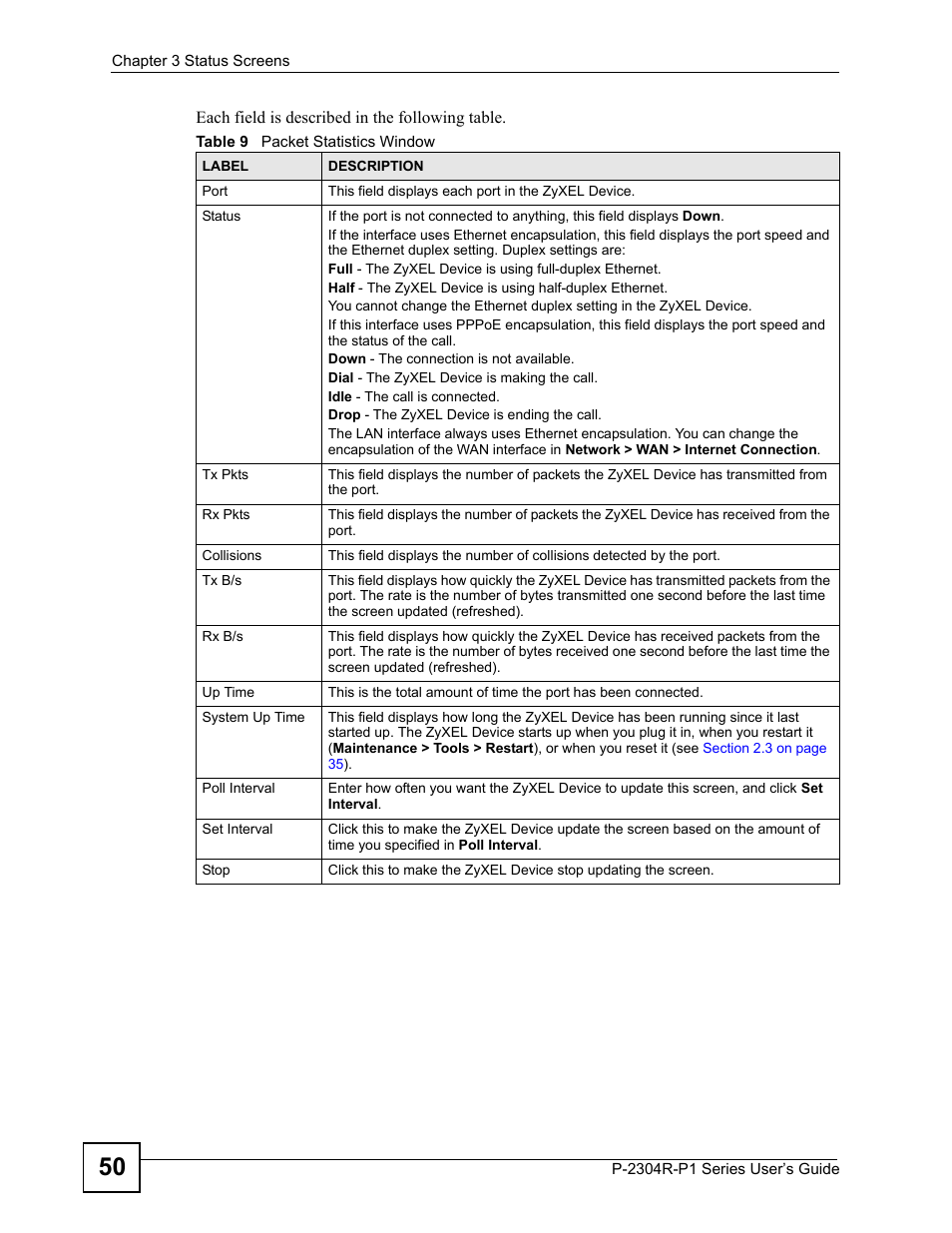 Table 9 packet statistics window | ZyXEL Communications P-2304R-P1 Series User Manual | Page 50 / 300