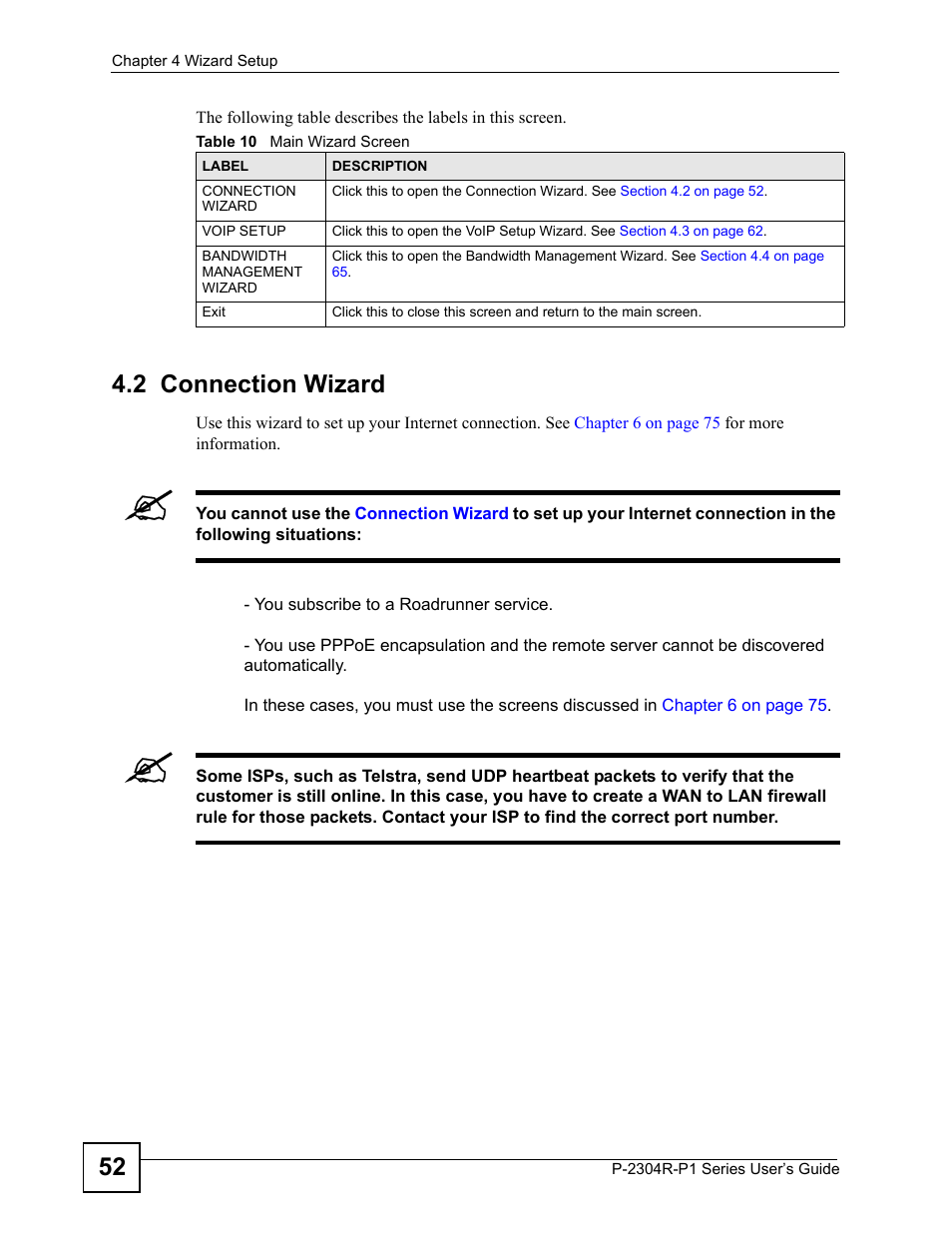 2 connection wizard, Table 10 main wizard screen | ZyXEL Communications P-2304R-P1 Series User Manual | Page 52 / 300
