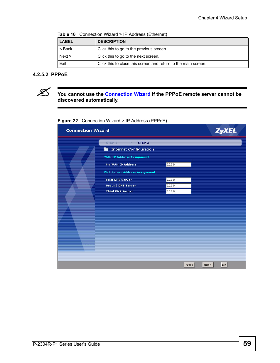 Figure 22 connection wizard > ip address (pppoe) | ZyXEL Communications P-2304R-P1 Series User Manual | Page 59 / 300