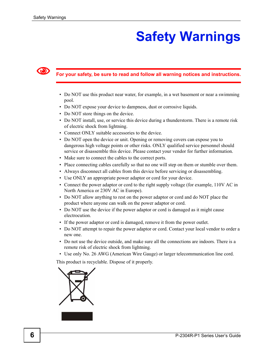 Safety warnings | ZyXEL Communications P-2304R-P1 Series User Manual | Page 6 / 300