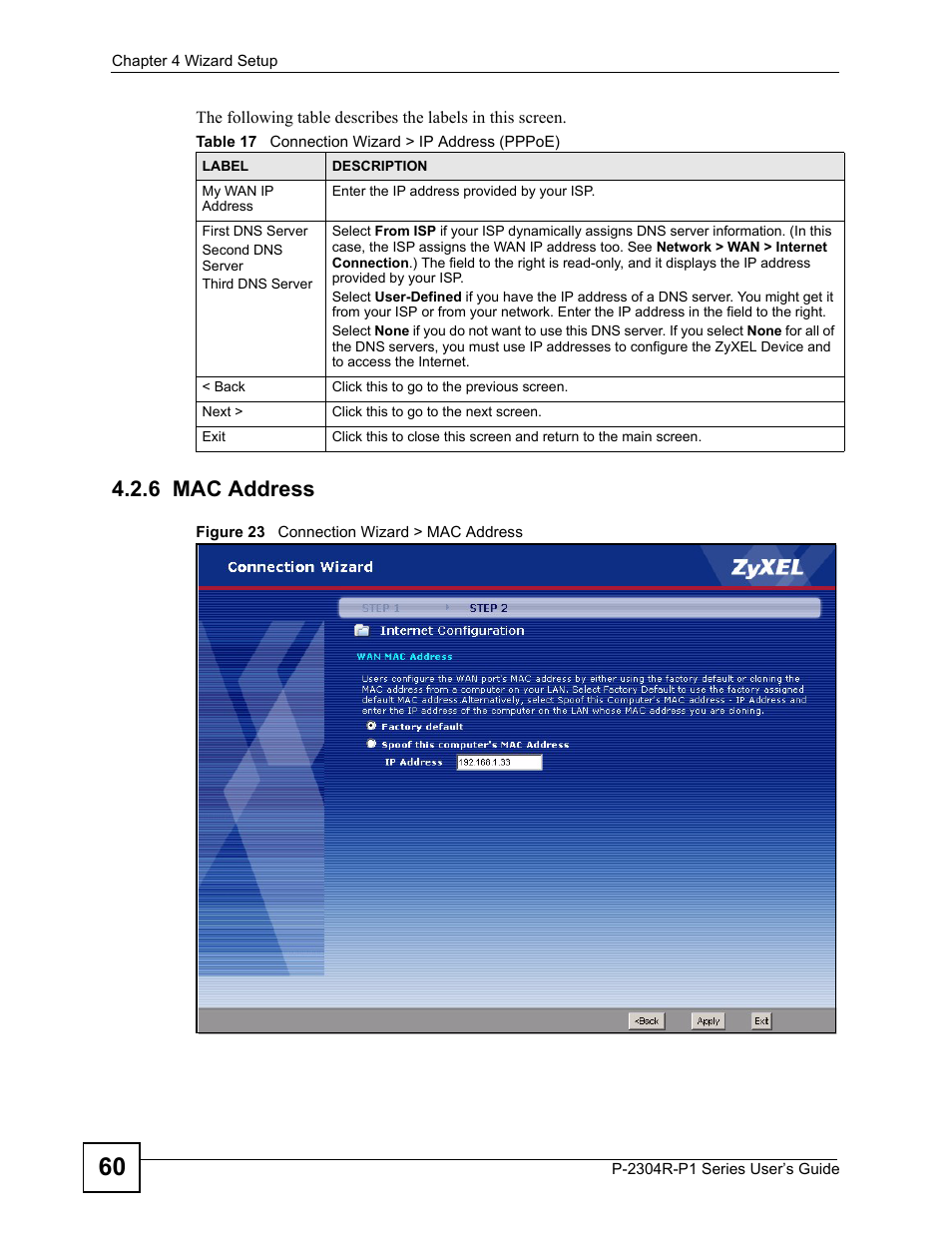 6 mac address, Figure 23 connection wizard > mac address, Table 17 connection wizard > ip address (pppoe) | ZyXEL Communications P-2304R-P1 Series User Manual | Page 60 / 300