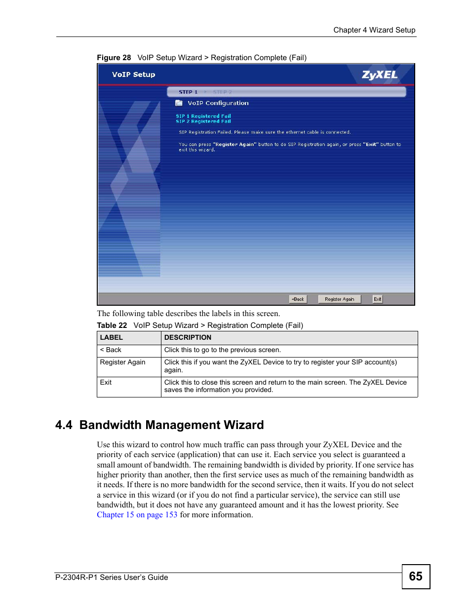 4 bandwidth management wizard, Bandwidth, Management wizard | Zard. see | ZyXEL Communications P-2304R-P1 Series User Manual | Page 65 / 300